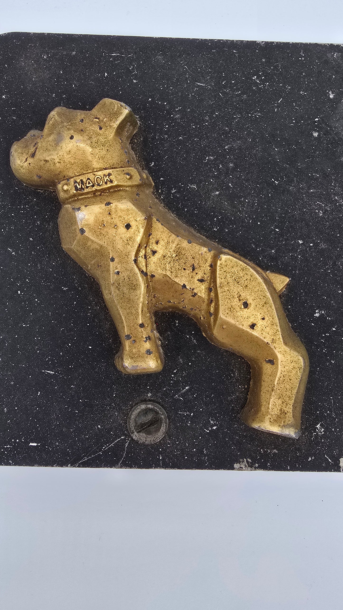 Vintage Gold Mack Truck Bulldog Side Emblems Mounted on Metal Plate