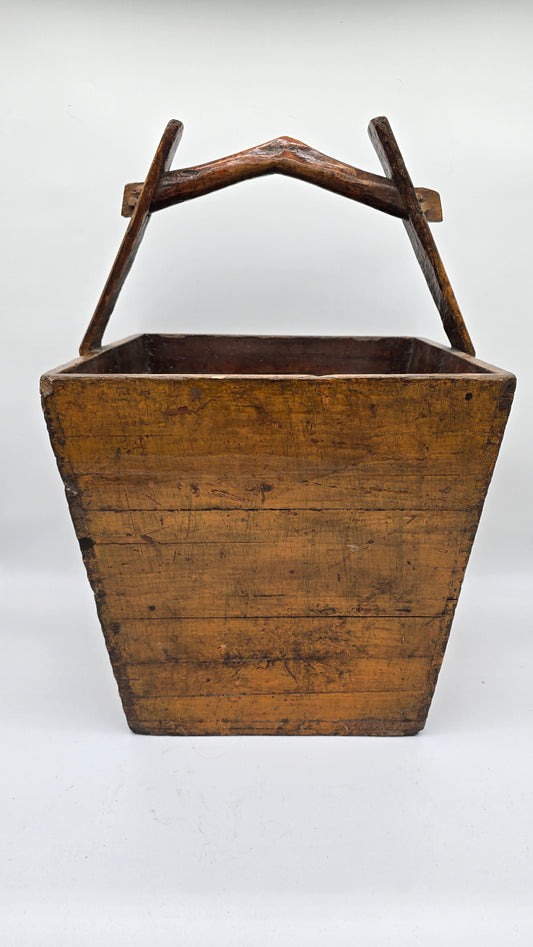 Antique Asian Chinese Wooden Painted Grain Rice Carrier Bucket