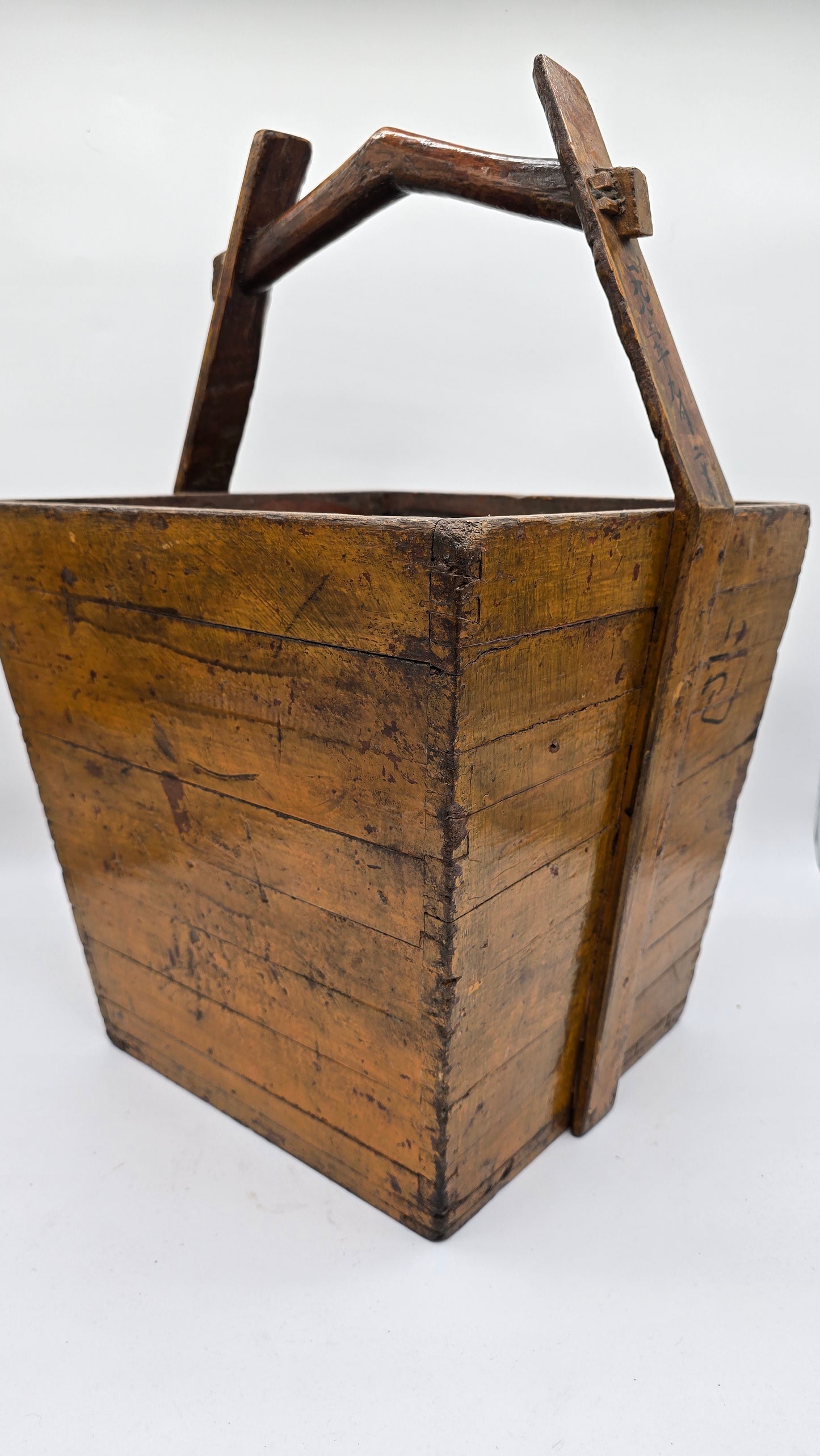 Antique Asian Chinese Wooden Painted Grain Rice Carrier Bucket