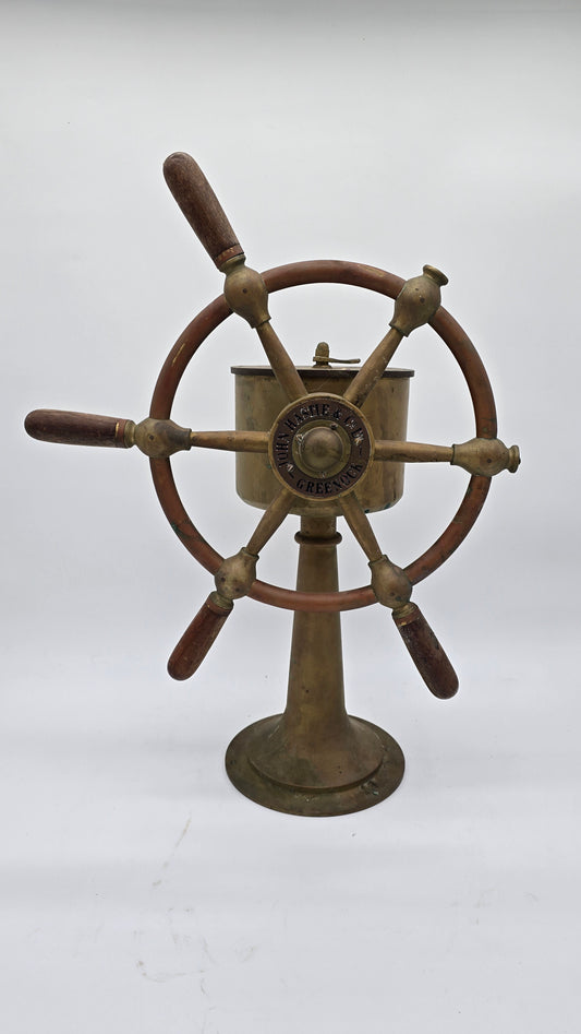 Antique John Hastie & Co. Greenock Scotland Brass Ship Wheel Helm Compass Pedestal