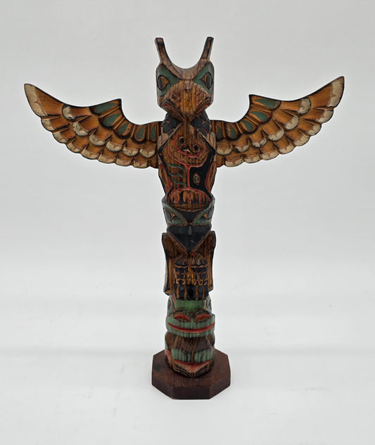 Vintage Signed Ray Moore Mini Table Top Wooden Carved Totem Pole