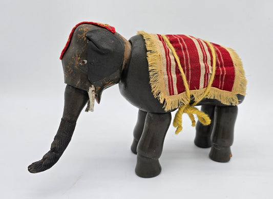 Antique German Schoenhut Humpty Dumpty Circus Elephant w. Blanket & Head Piece Wooden Toy