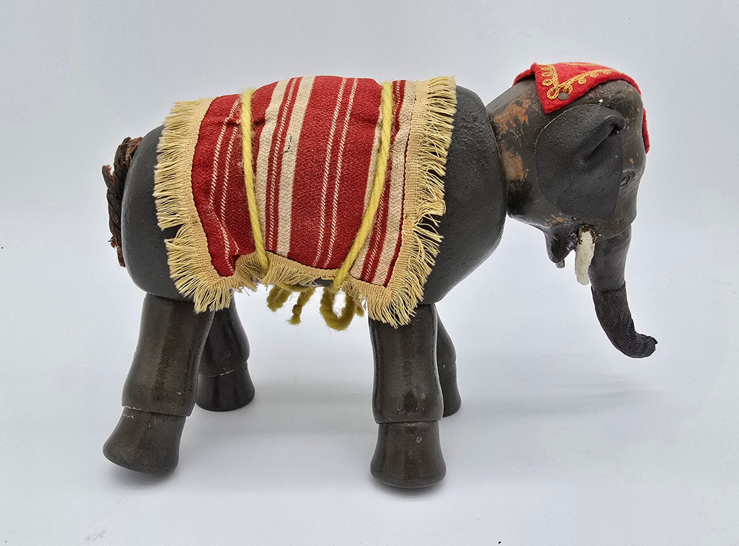 Antique German Schoenhut Humpty Dumpty Circus Elephant w. Blanket & Head Piece Wooden Toy