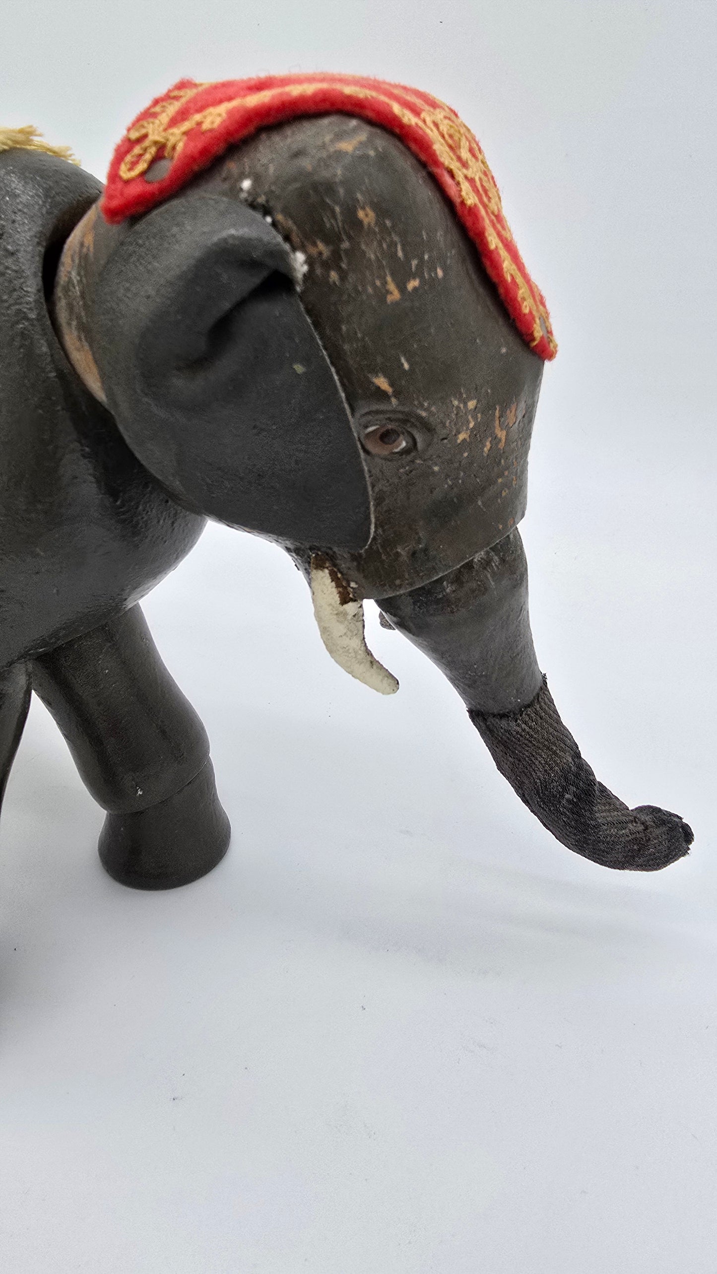 Antique German Schoenhut Humpty Dumpty Circus Elephant w. Blanket & Head Piece Wooden Toy