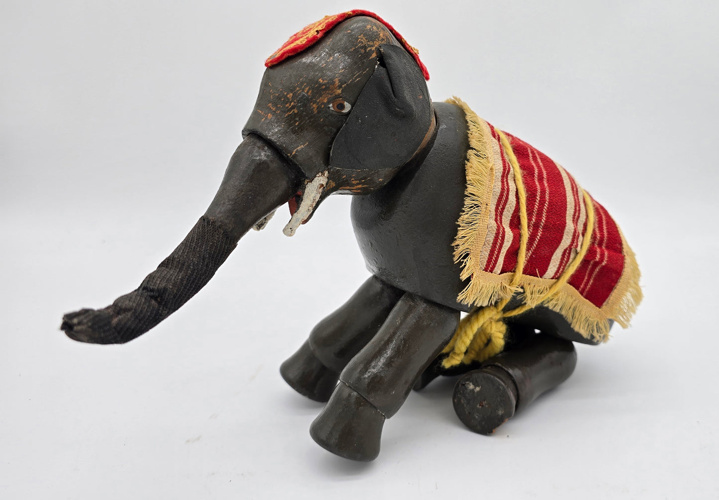 Antique German Schoenhut Humpty Dumpty Circus Elephant w. Blanket & Head Piece Wooden Toy