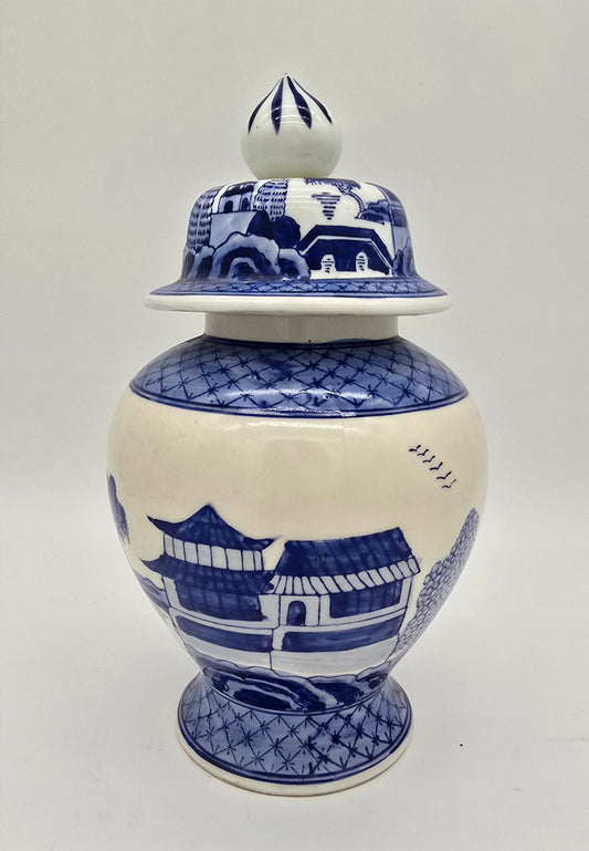 Vintage Seymour Mann Hong Kong Old Canton Hand Painted Blue & White Porcelain Ginger Jar