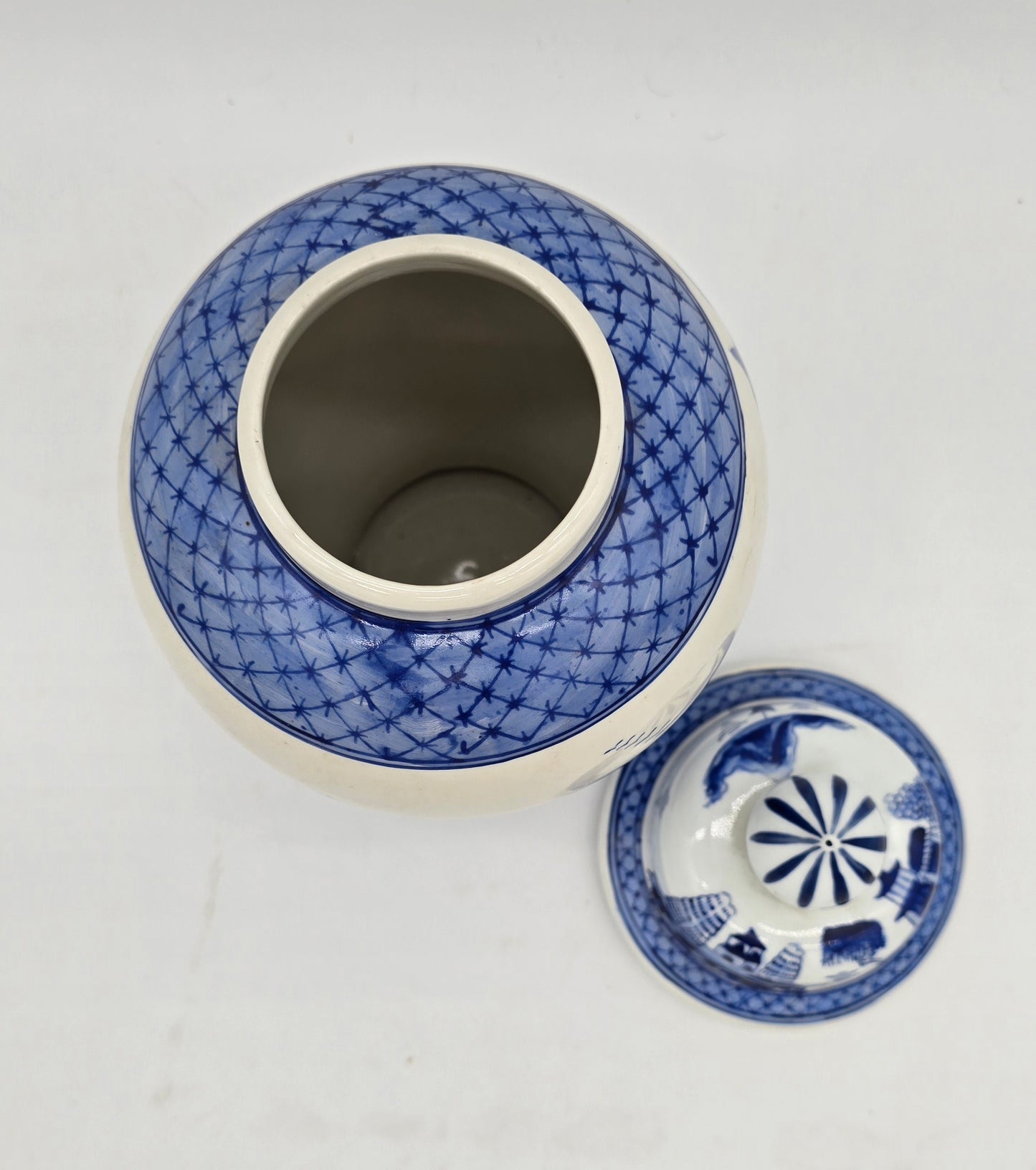Vintage Seymour Mann Hong Kong Old Canton Hand Painted Blue & White Porcelain Ginger Jar