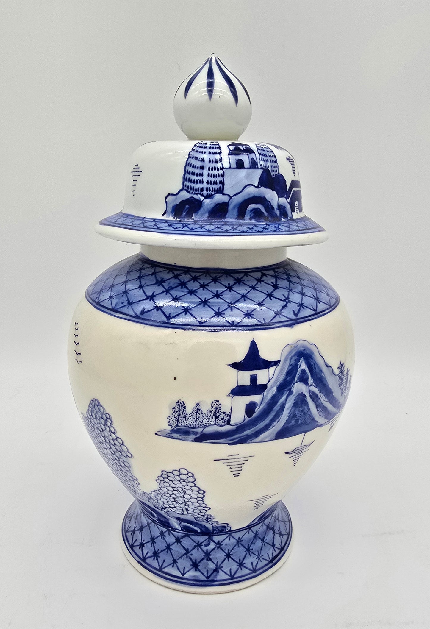 Vintage Seymour Mann Hong Kong Old Canton Hand Painted Blue & White Porcelain Ginger Jar