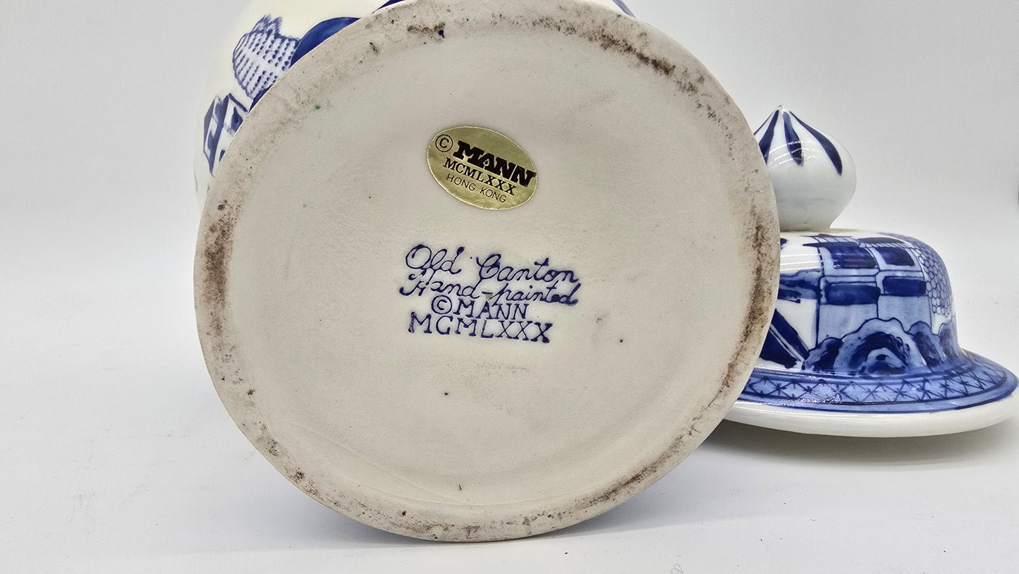 Vintage Seymour Mann Hong Kong Old Canton Hand Painted Blue & White Porcelain Ginger Jar