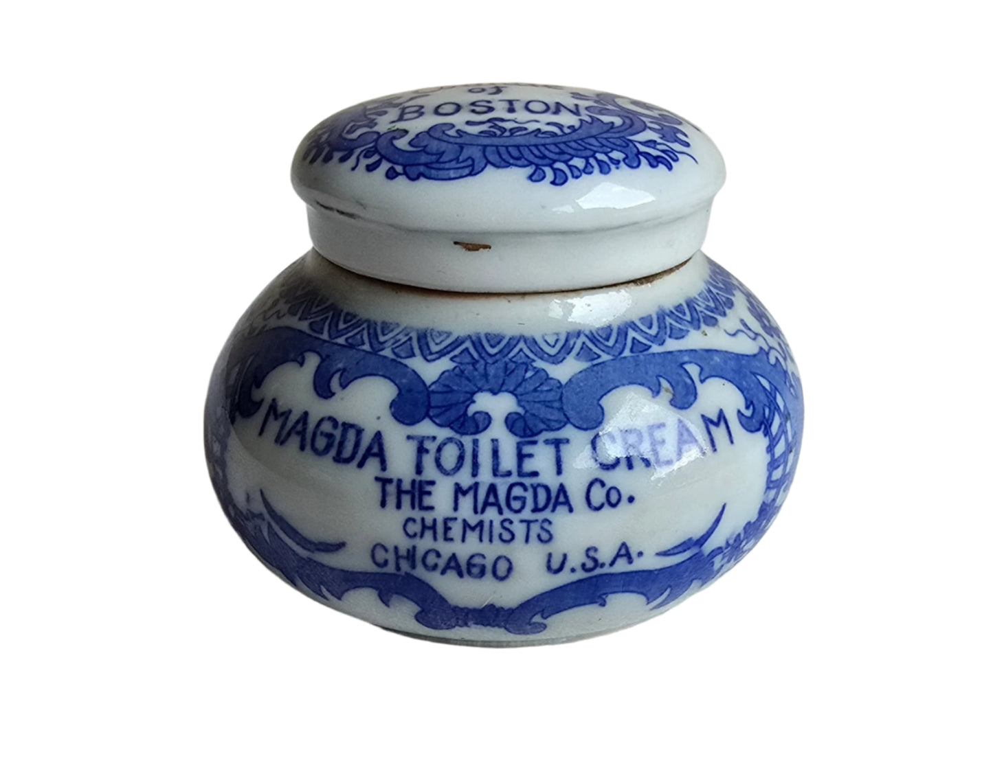 antique magda co chemists chicago toilet cream porcelain blue and white jar