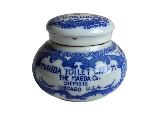 antique magda co chemists chicago toilet cream porcelain blue and white jar