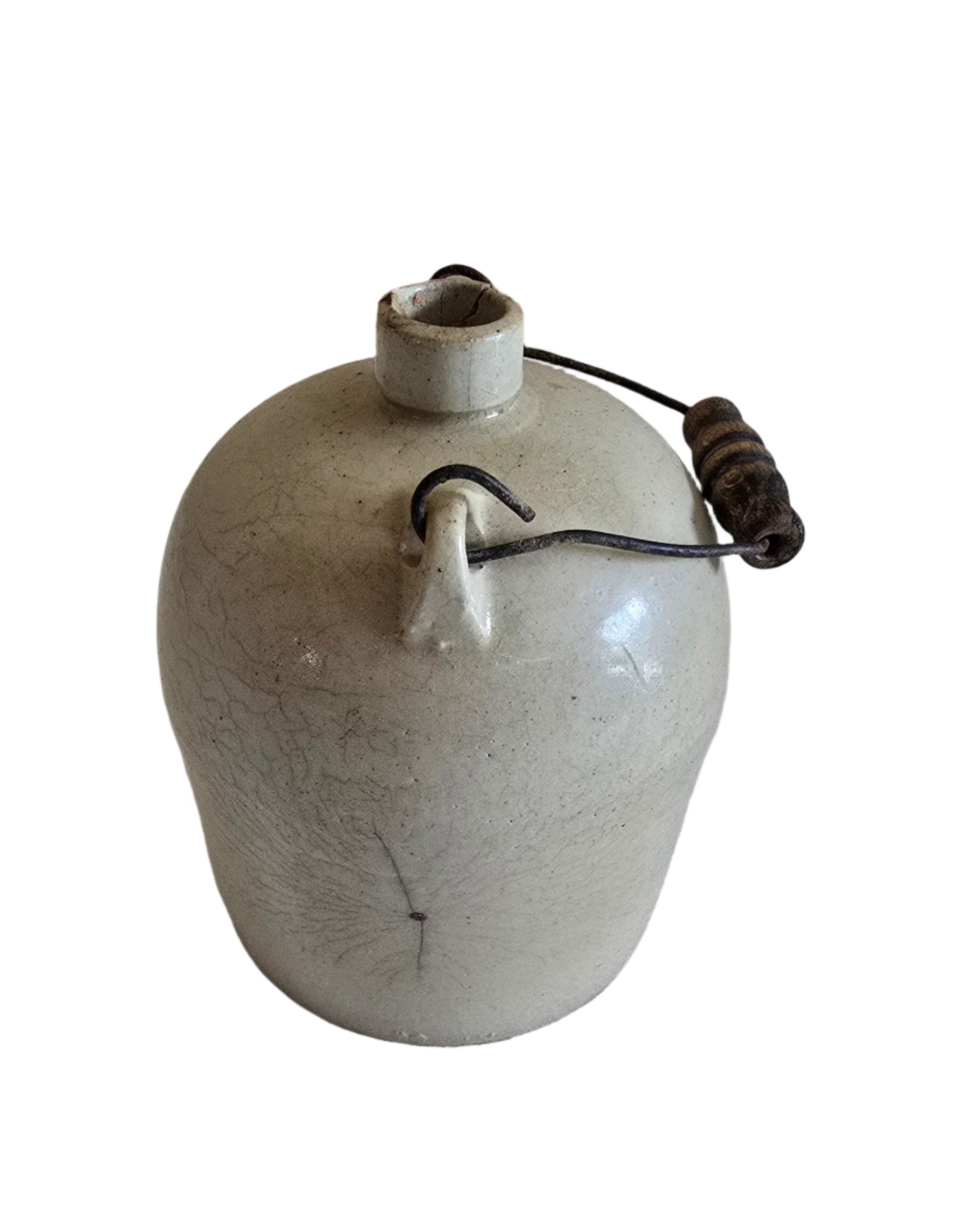 antique stoneware crock jug with wooden handle