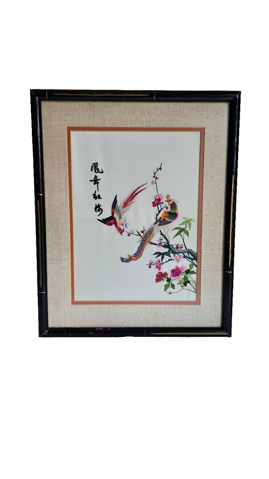 Vintage Chinese Embroidered Silk Framed Art Floral and Birds Asian Design