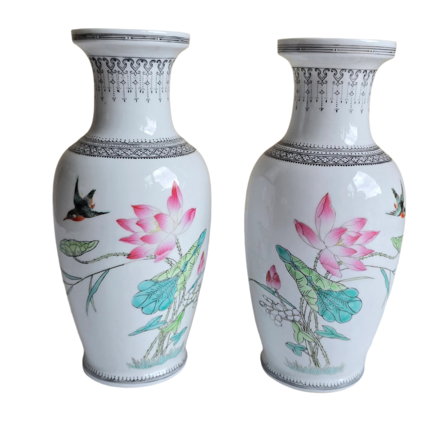 vintage asian chinese pair of vases porcelain hand painted lotus flower bird