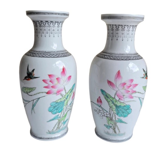 vintage asian chinese pair of vases porcelain hand painted lotus flower bird