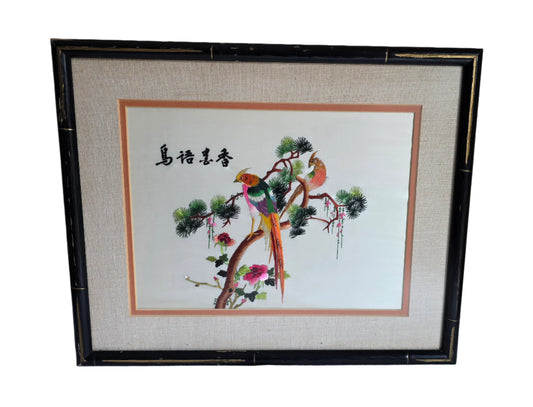 vintage chinese embroidered silk framed art flowers birds asian