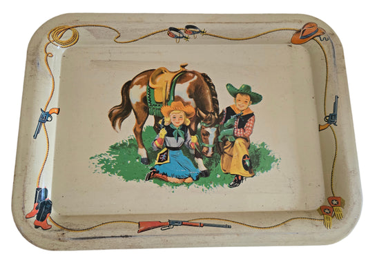 vintage western cowboys and kids and horse tin tray