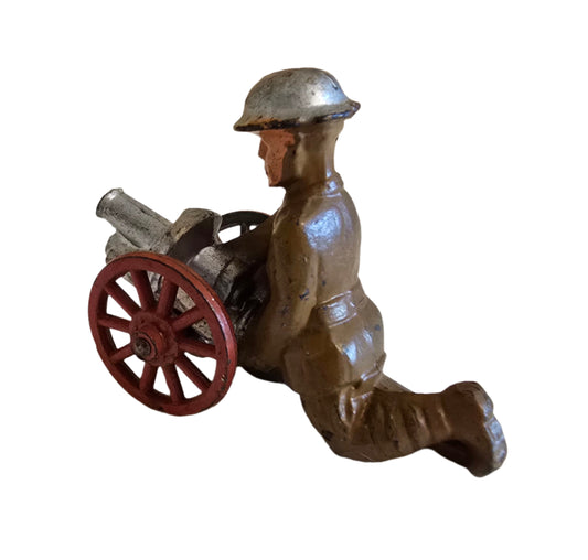vintage manoil barclay lead toy soldier man behind cannon on wheels
